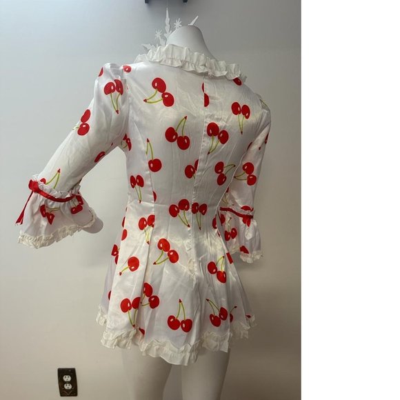 White Red Cherry Cherries Satin top ruffle short mini dress NWOT - Picture 2 of 4